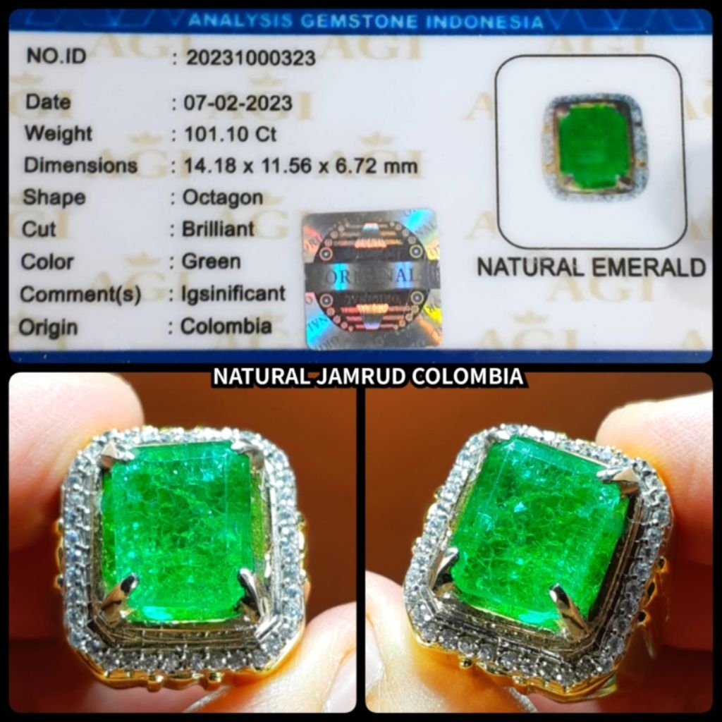 cincin batu jamrud colombia ijo botol + memo lab ya