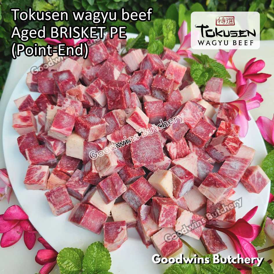 Beef wagyu Tokusen BRISKET PE (Point-End) marbling MBS-5 aged-frozen freshly diced dadu cuts 2cm 1.5