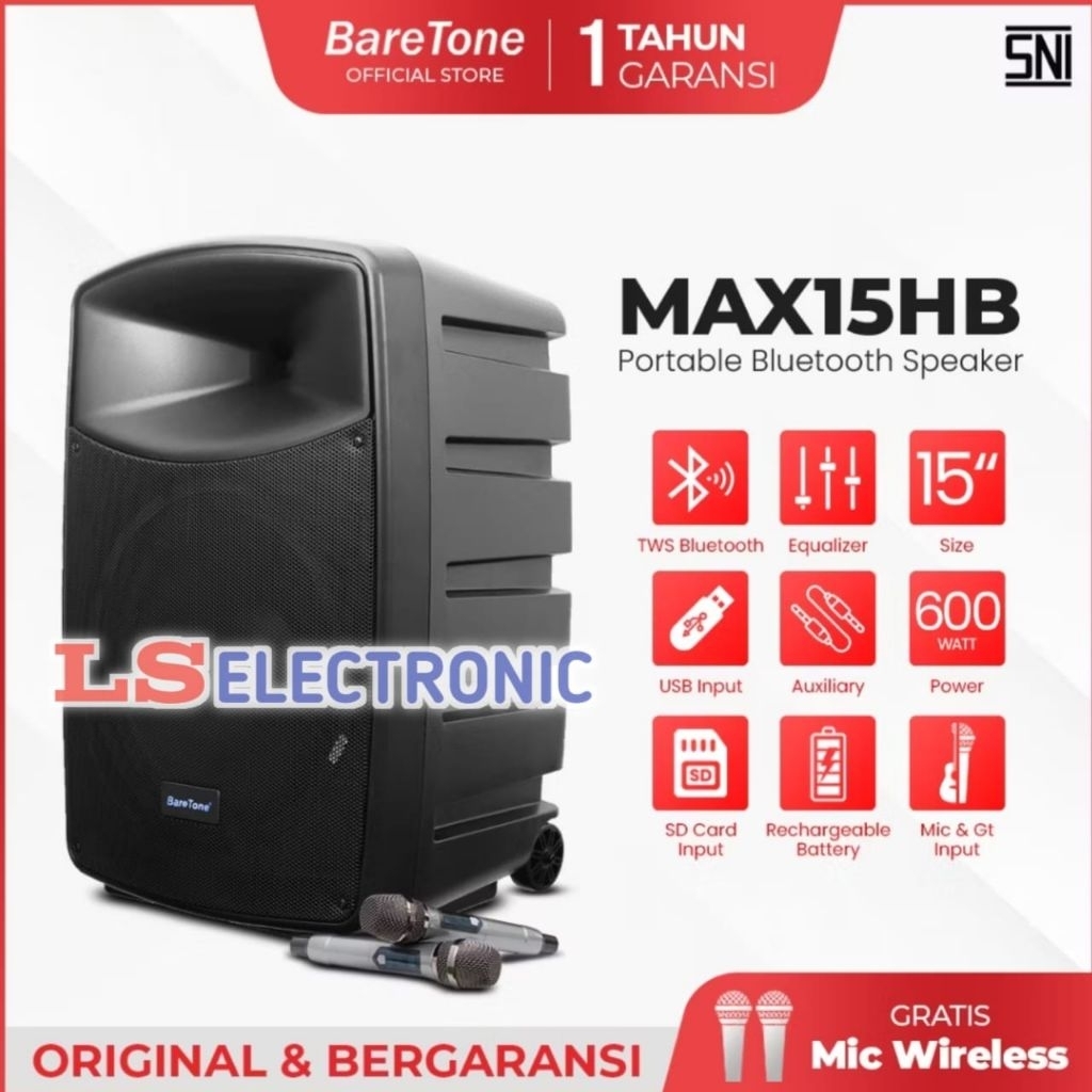 Speaker Portable 15 inch BareTone MAX15HB RMS 600 Watt TWS Bluetooth Original