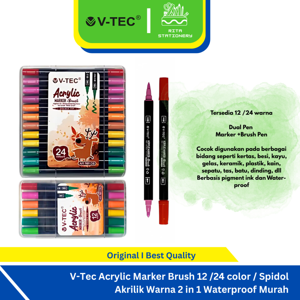 V-tec Acrylic Marker Dua Sisi Ujung spidol sketch tip + Brush Pen 12 /24 Warna Color AM 989 DB