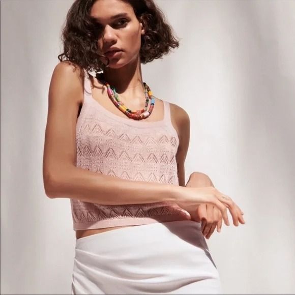 ZARA PINK POINTELLE KNIT CROP TANK TOP