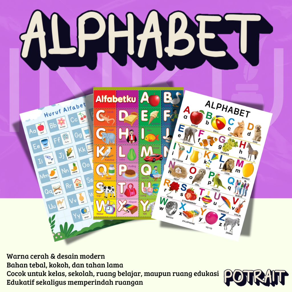 

Poster Dinding Alphabet A–Z – Belajar Membaca Huruf dengan Gambar Lucu