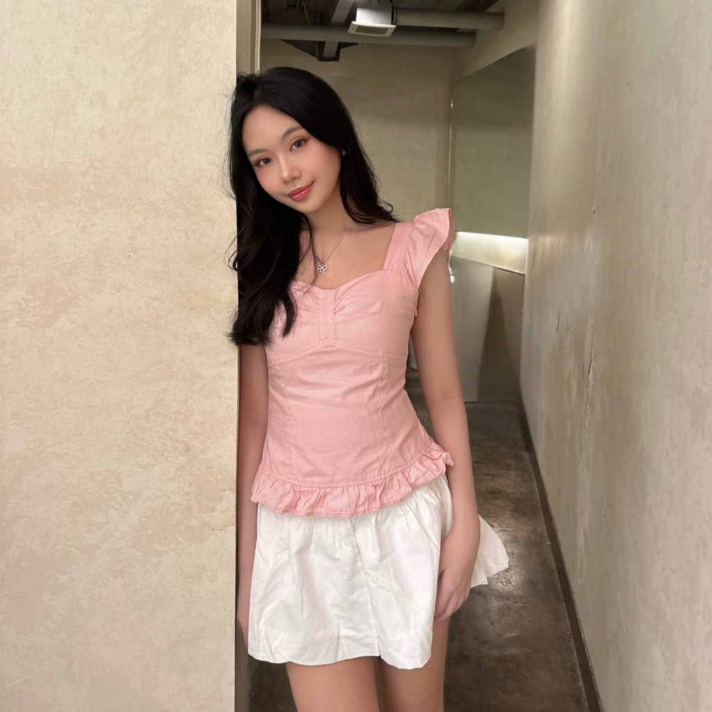 Elena Ruffle Top | Polkadot Pink Striped Fitted Top Cute Trendy Katun Motif Milkmaid babydoll top