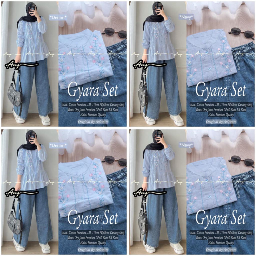 gyara one set wanita kekinian by A.N.Y long tunik garis garis celana jins cutbray celana kulot highw