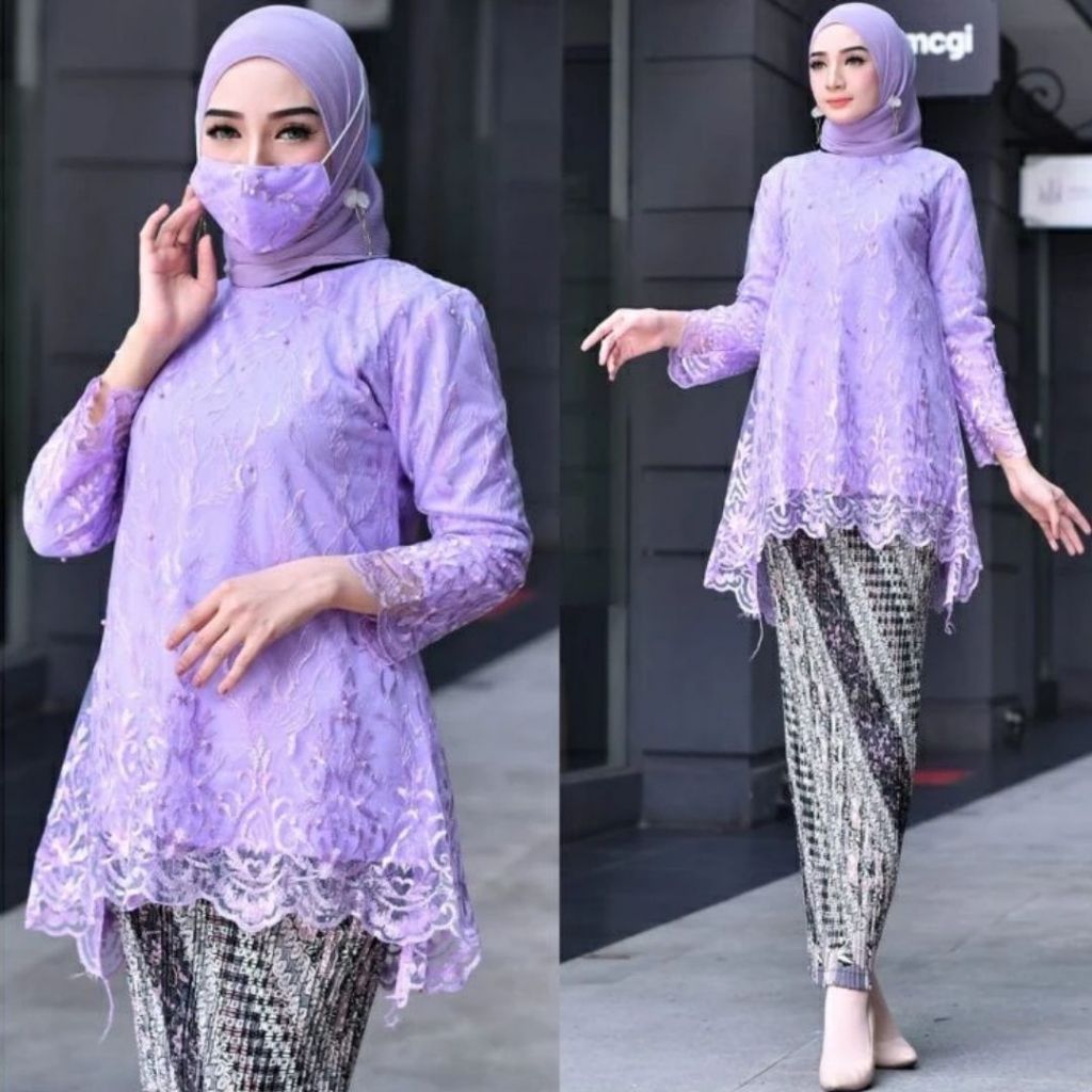 Setelan Kebaya Wanita Modern Rinjani Tulle Bordir Plisket Batik Azkia Lilac Aneka Pilihan Warna Cant