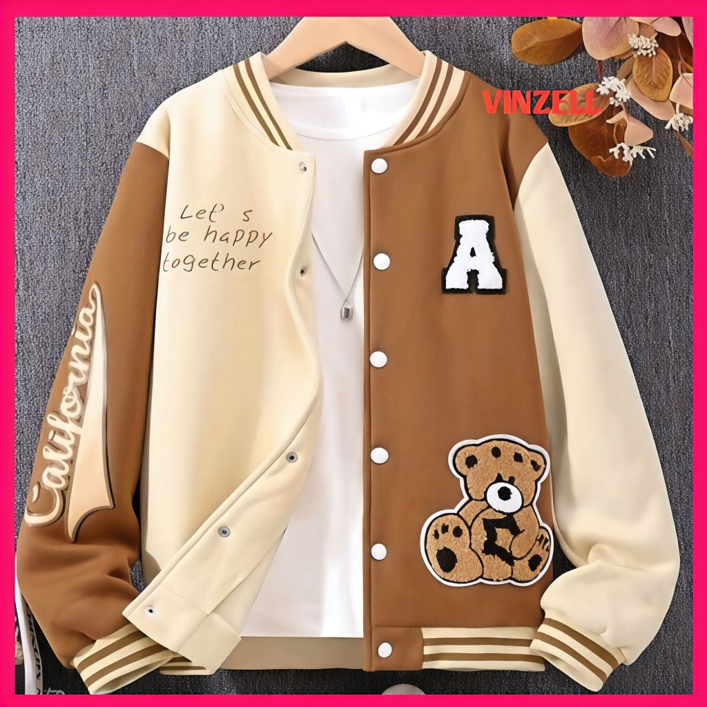 JAKET VARSITY BASEBALL JUMBO MIX MOMBINASI 2 WARNA (S-6XL)LOGO A BEAR  LETS BE HAPPY TOGETHER  INISI