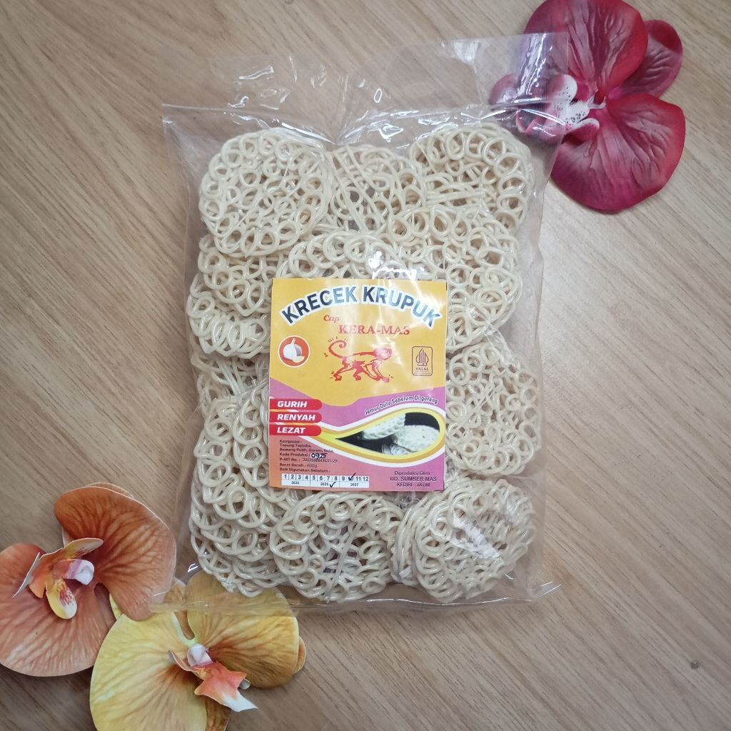 Krecek Kerupuk Mentah Cap Kera-Mas Krupuk Uyel Mawar 400 gram Rasa Bawang Renyah Goreng Tanpa Jemur 