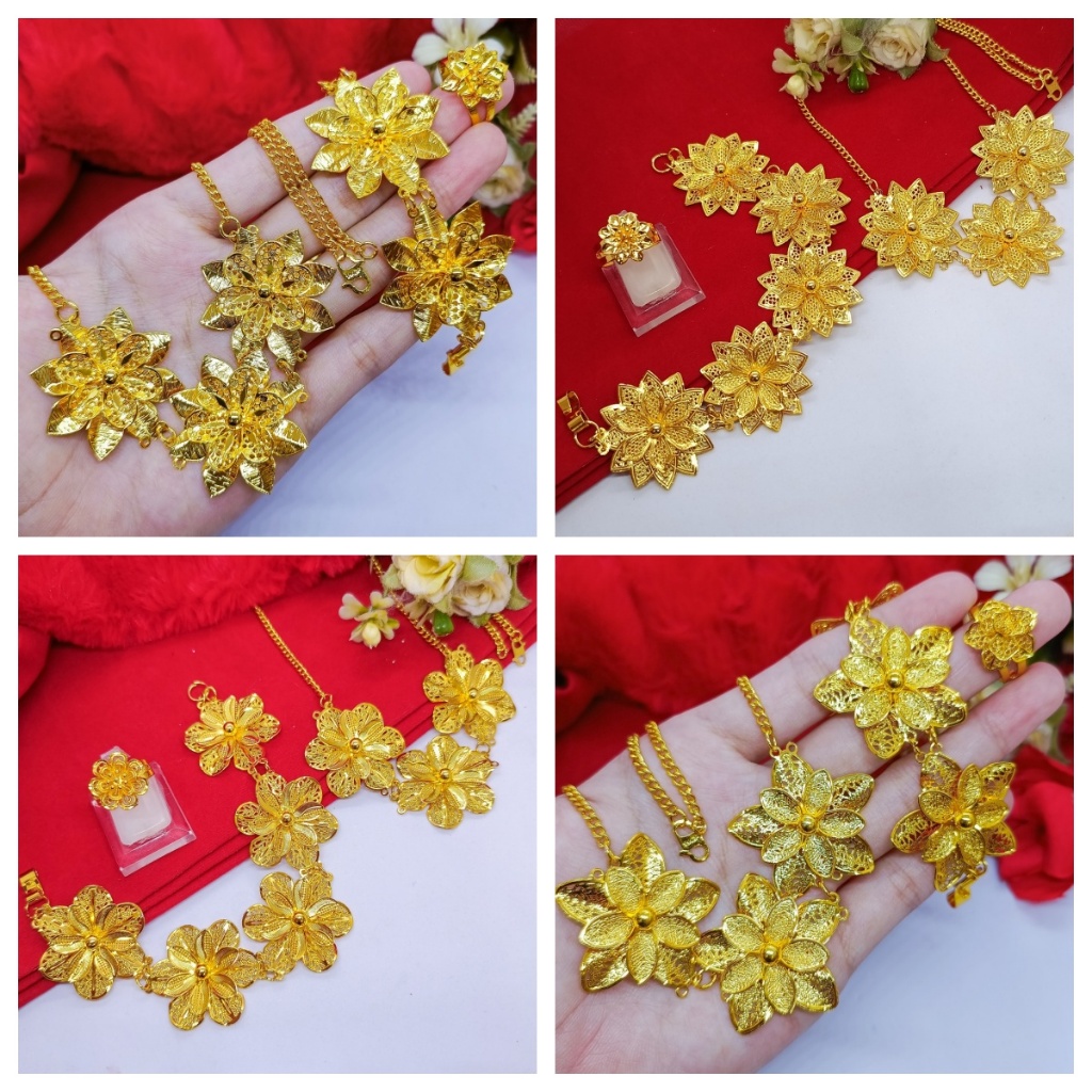 Set Perhiasan Aksesoris Kendari Gelang Tangan+Kalung+Cincin Kendari Motif Bunga Perhiasan Lapis Emas