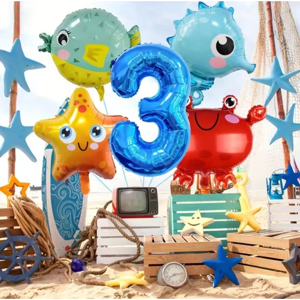 Set balon foil angka 80cm warna biru tema under the sea hewan laut animal binatang seaworld kepiting
