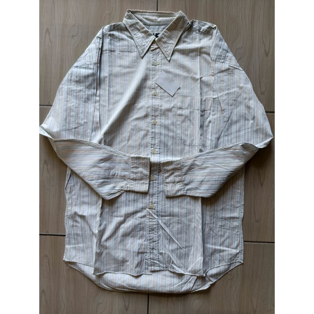 Kemeja Salur Merek Hiroko Koshino Bahan Katun Tebal Warna Abu Putih Garis Coklat Biru Hijau Size XL 