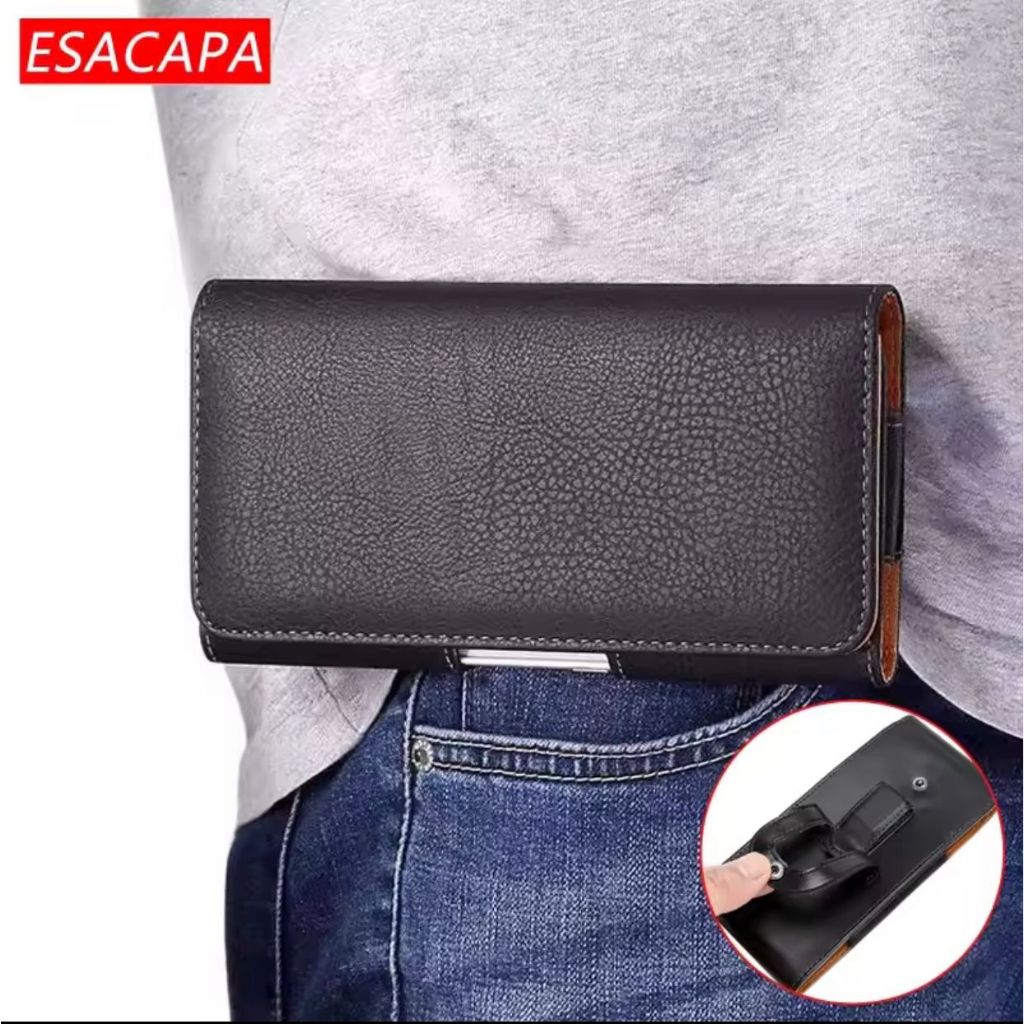 Sarung Case Hp Pinggang Dompet Kulit Asli Import Horizontal & Vertical Leather Rebah Hitam handPhone