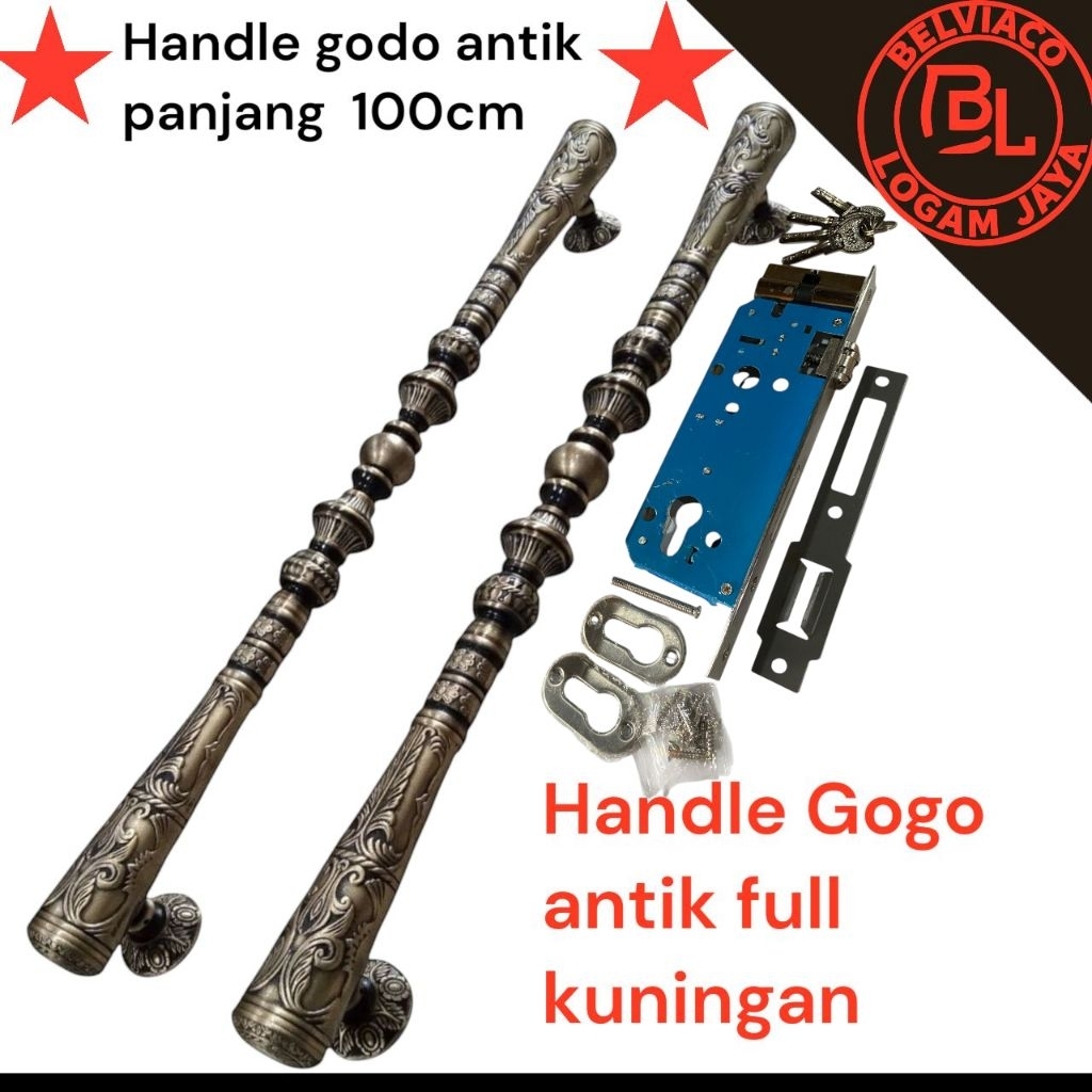 paket handle pintu rumah motif godo ukir set kunci panjang 100cm / handle pintu full kuningan / gaga