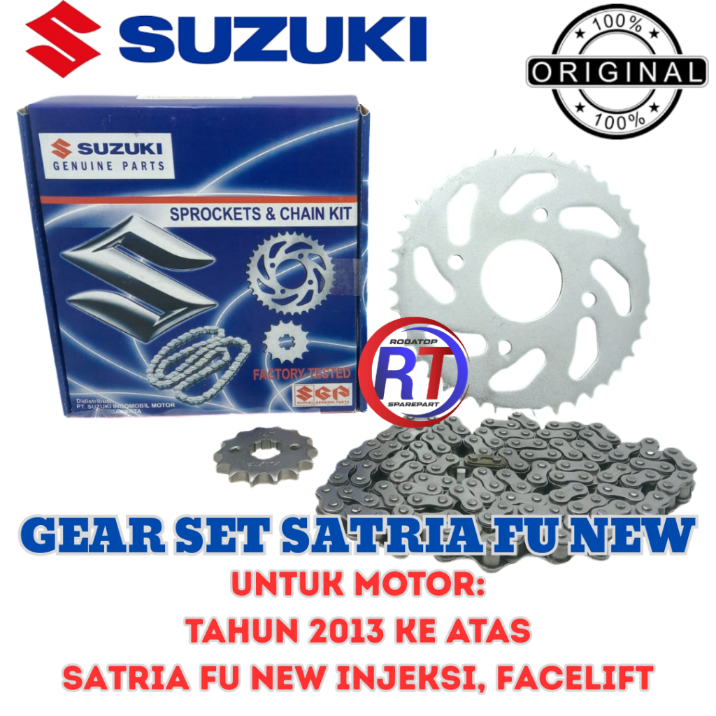GEAR SET+RANTAI KODE SATRIA FU NEW SUZUKI ORIGINAL UNTUK MOTOR SATRIA FU 150  SATRIA FU 150 BARONG//