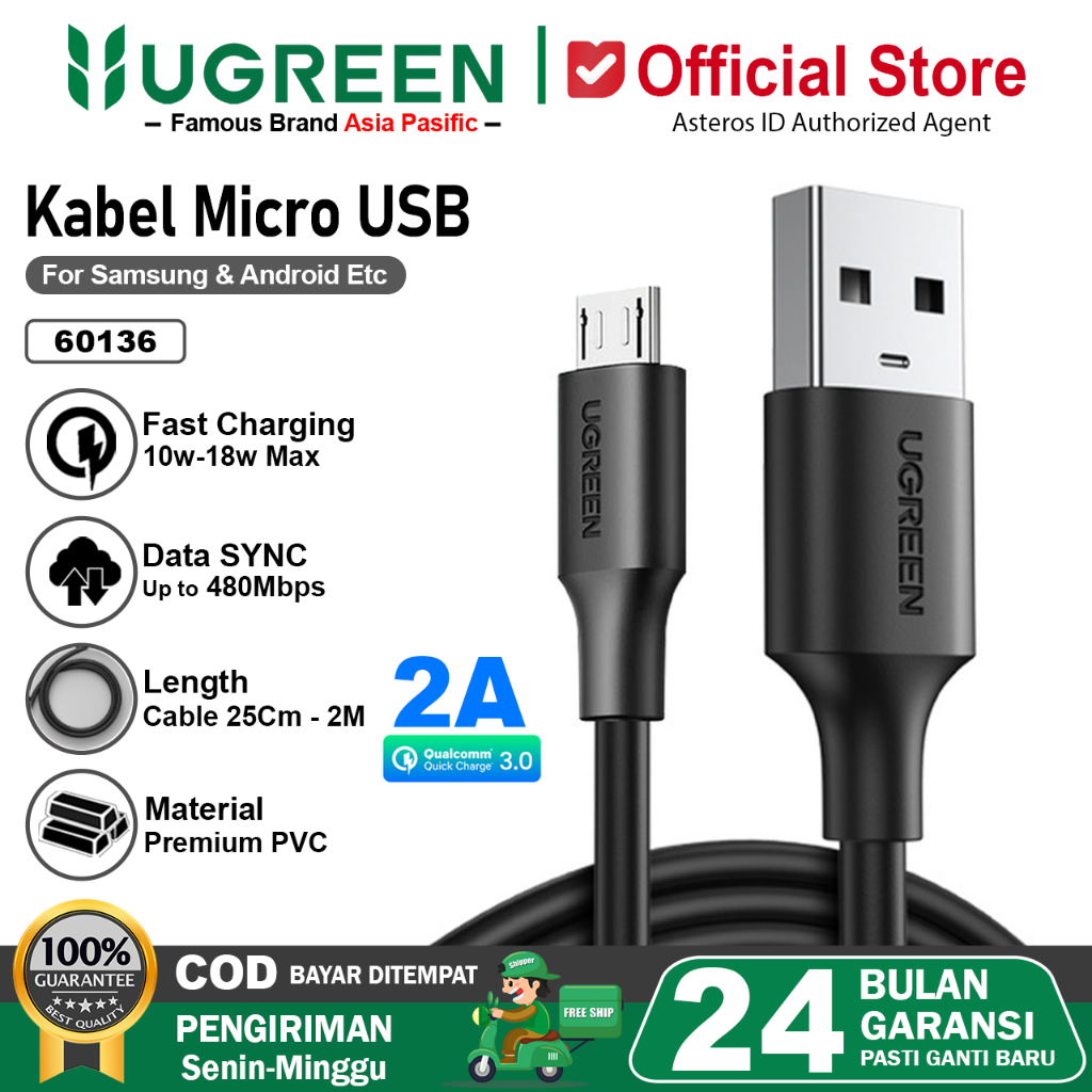 UGREEN Kabel Data Micro USB Fast Charging 2A Max 18W PVC