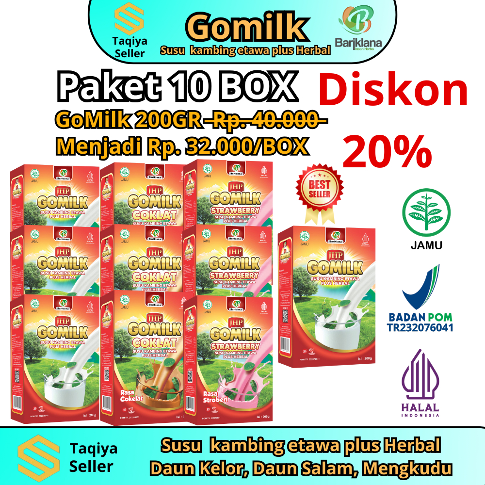 

Gomilk Susu Kambing Etawa Bubuk 10 BOX 200GR | Paket 10 BOX Plus Herbal | Bebas Pilih Rasa