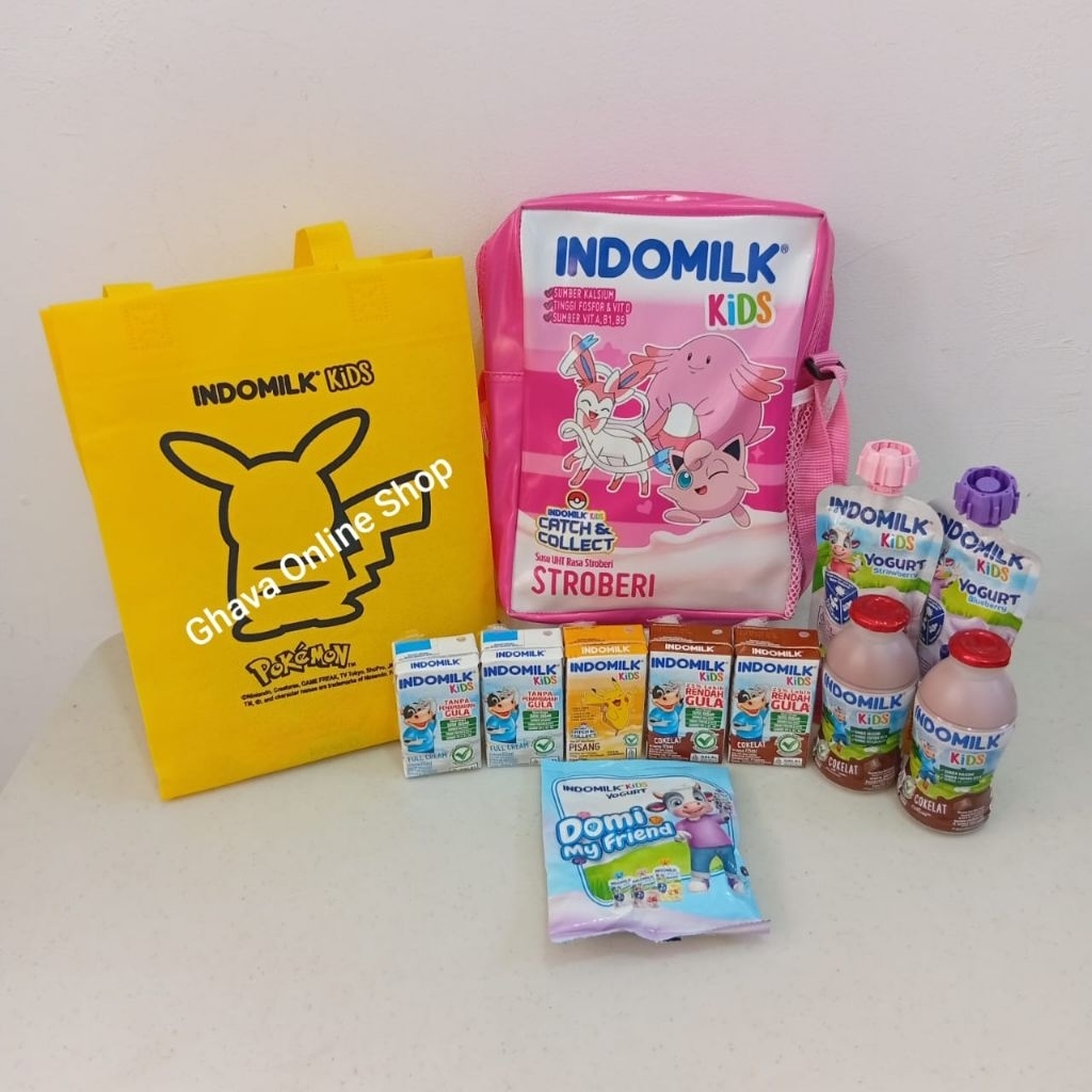 Indomilk Kids FREE Tas Pikachu 9pcs Mix Varian + Domi Toys + Spongebag Pikachu