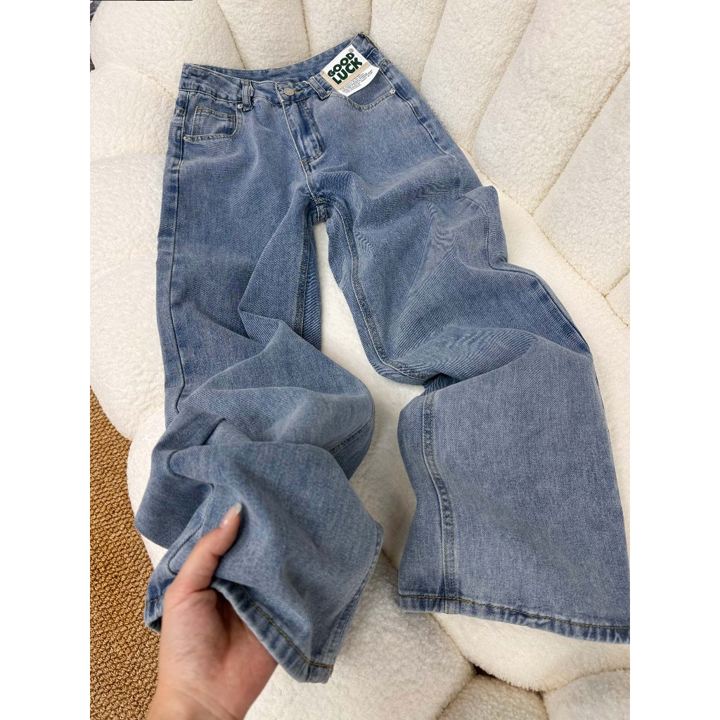 Luck wanita New Biru muda kulot longgar high waist celana jeans panjang wanita(GOOD LUCK)(realpict)