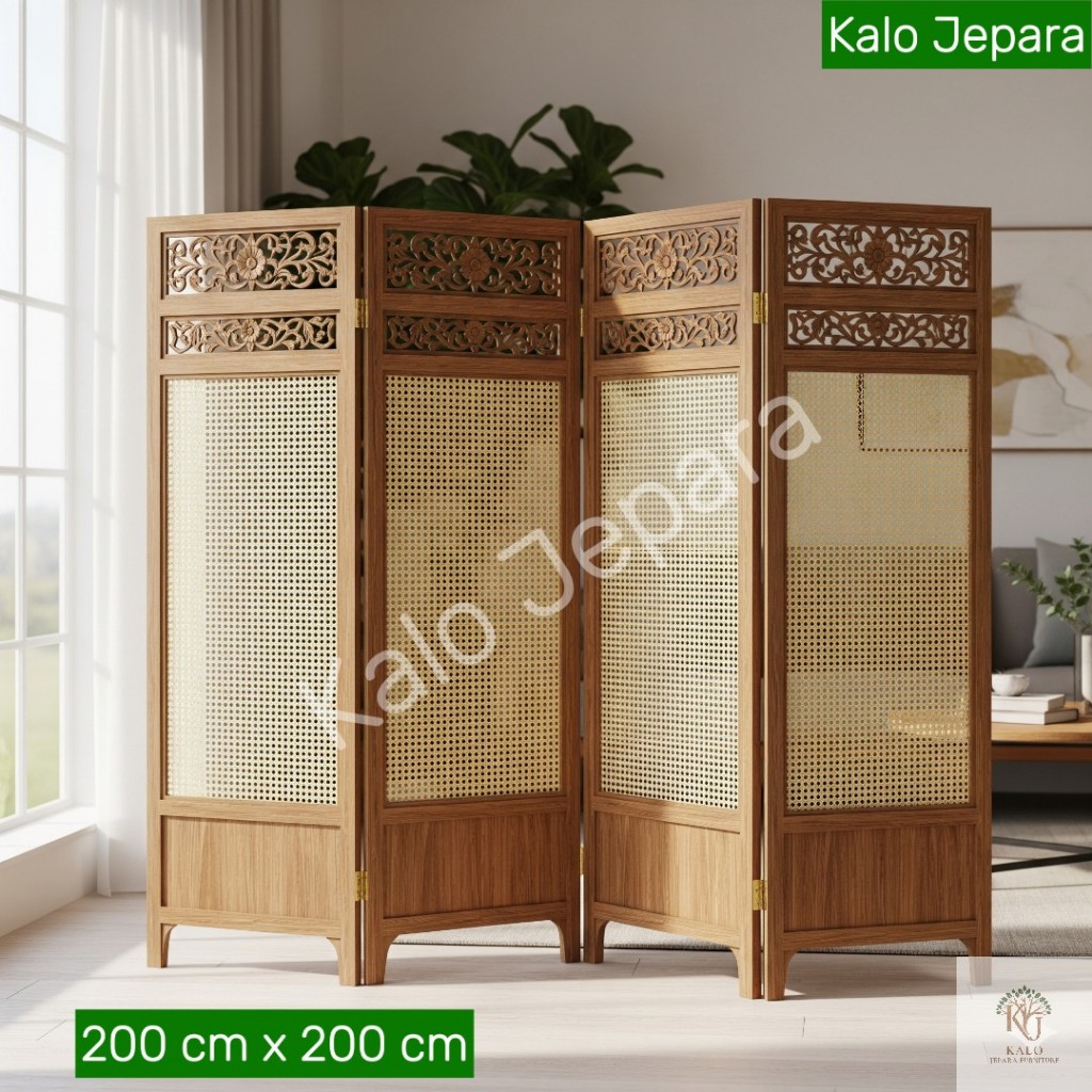 Partisi Minimalis Kayu Jati Solid Kombinasi Rotan Penyekat Ukiran Ruang Tamu Keluarga Premium