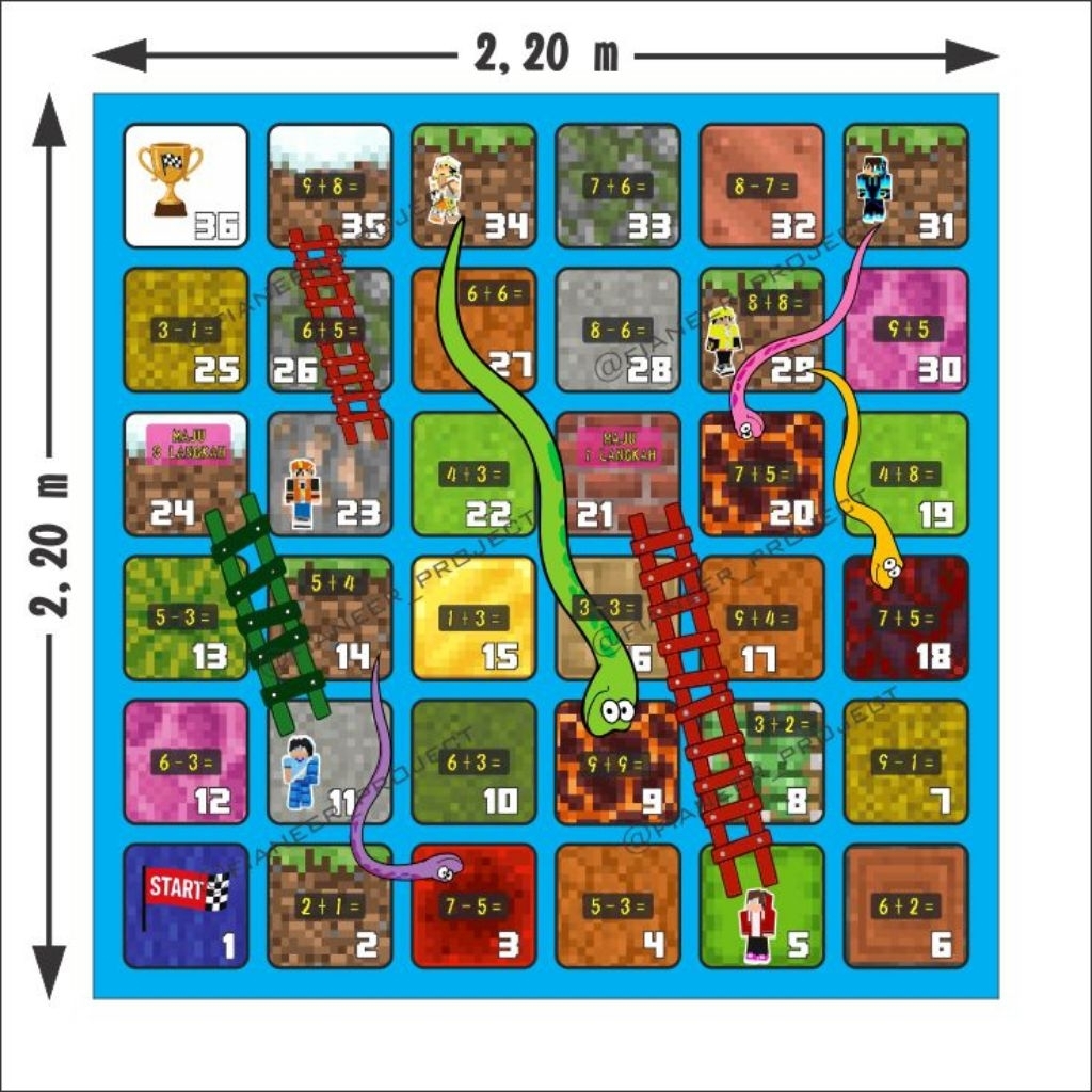 Spanduk Ular Tangga Banner Ular Tangga Minecraft Seri Matematika Tambah Kurang 2,2x2,2m