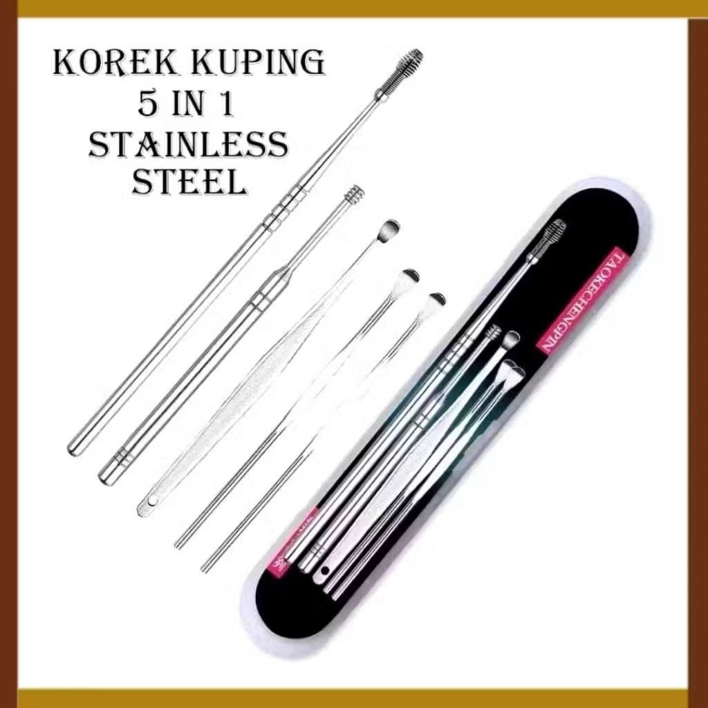 (WK8)Korek Kuping /Alat Pembersih Kotoran Telinga Set Isi 5 Bahan Stainless