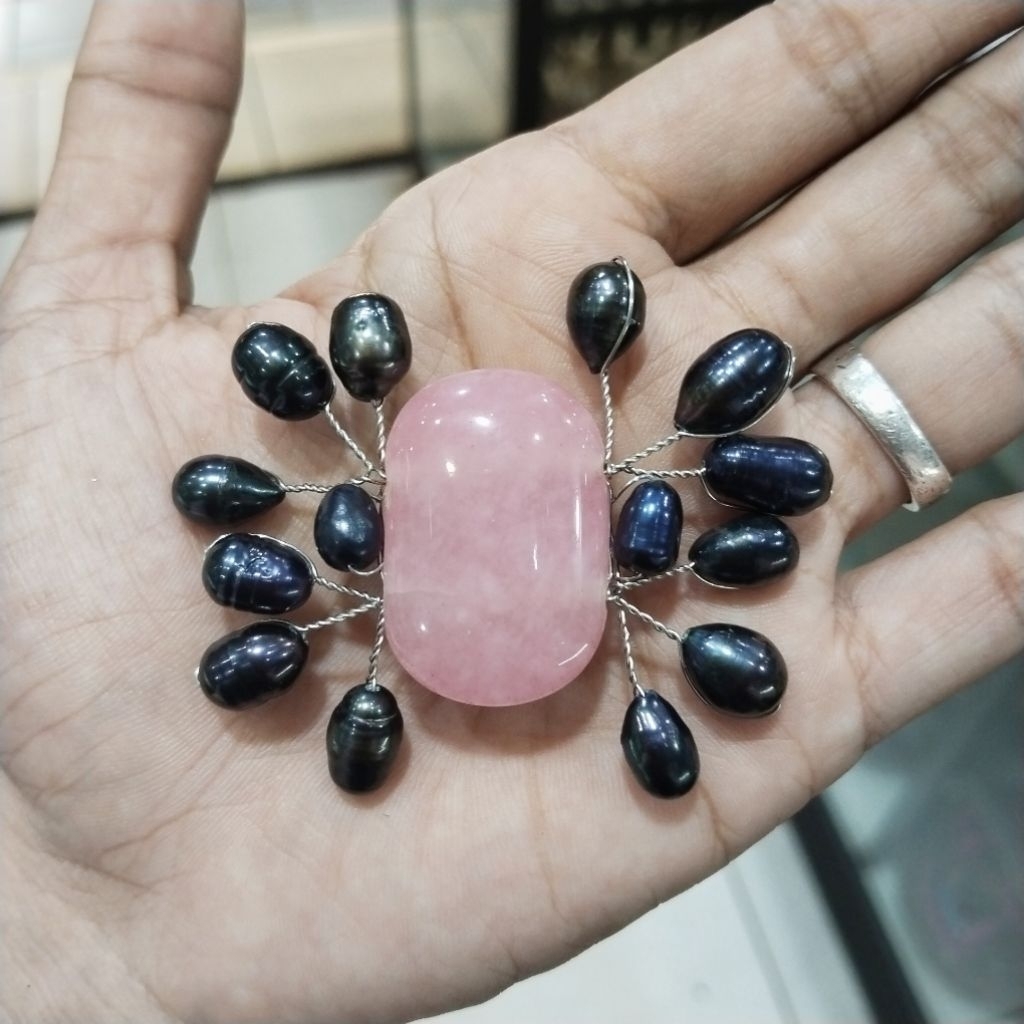Bros Batu Rose Quartz mix Mutiara Air Tawar Hitam