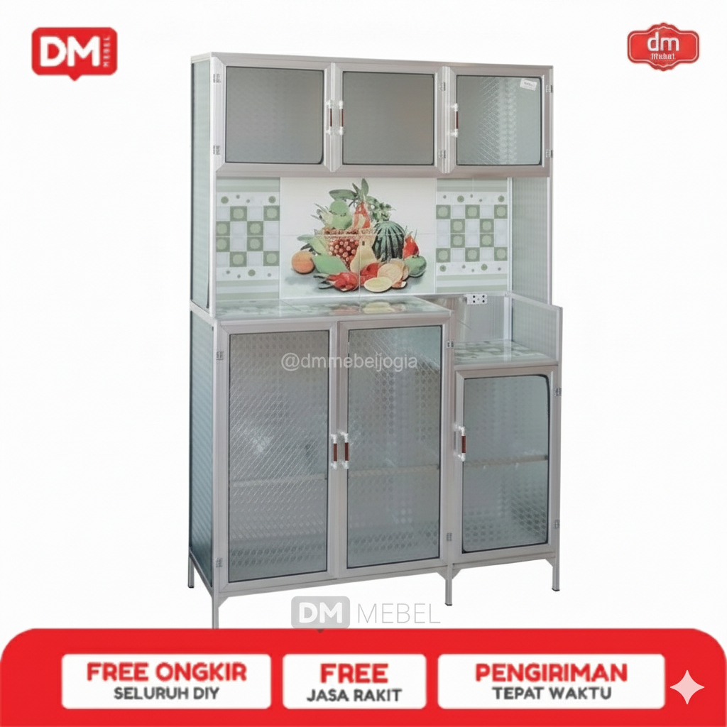DM Mebel Rak Piring Minimalis 3 Pintu Meja Keramik + Lemari Dapur Serbaguna dengan Roda