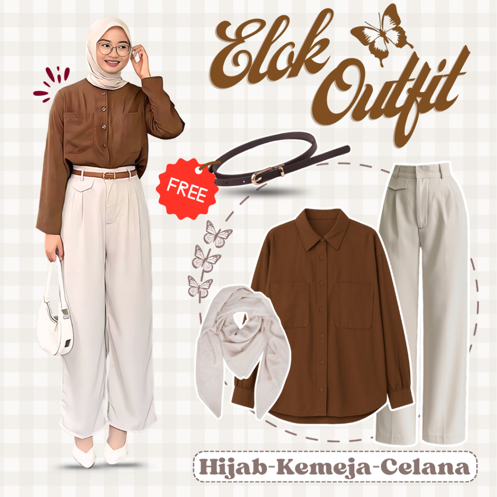 Setelan Wanita Kekinian |Kemeja Katun Oversize Coklat|Celana Oro Pants Ivory|Hijab Ivory| QNL160