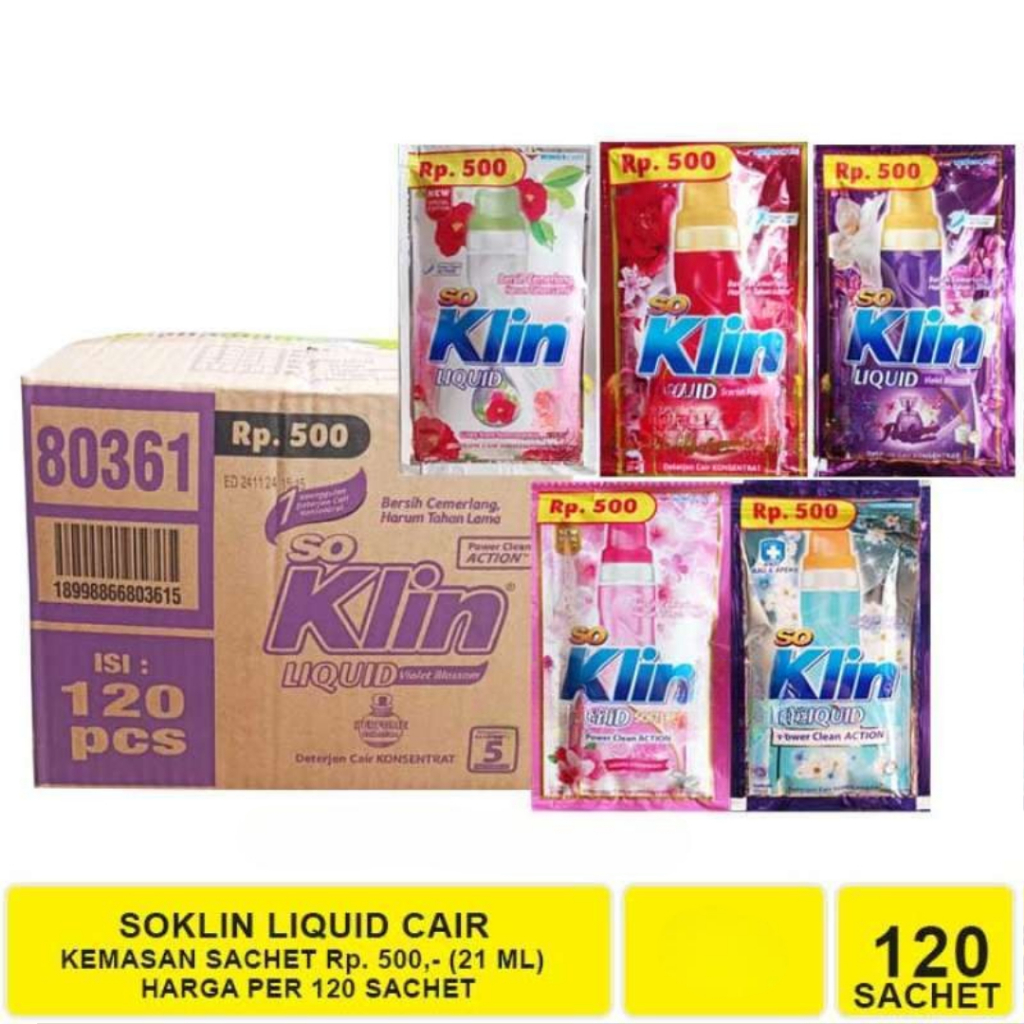 Soklin Liquid Cair Renceng 1 Dus Isi 120 Sachet - Soklin Liquid 500 - Detergen Cair - vg.mart