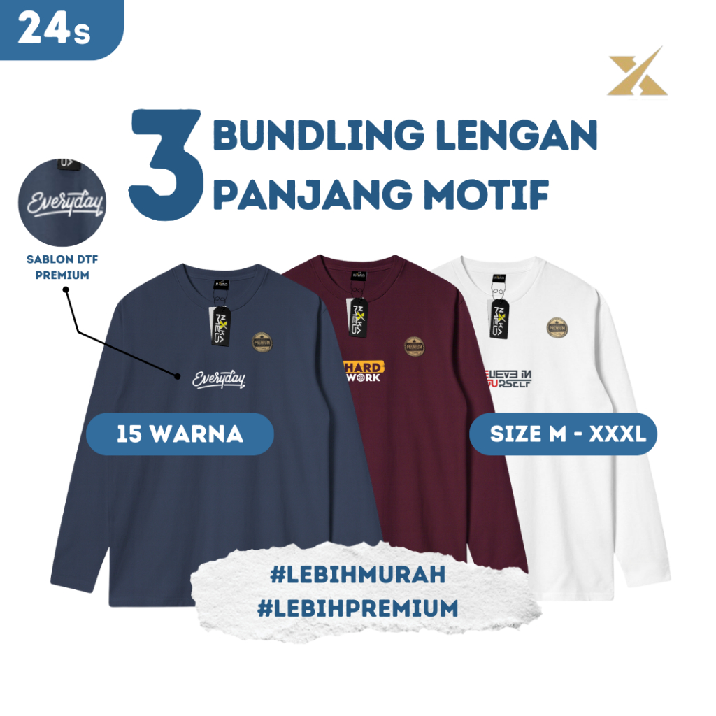 PAKET 3PCS Kaos Lengan Panjang Pria Wanita  Nakamed Poly Cotton 24s Oblong Panjang Motif