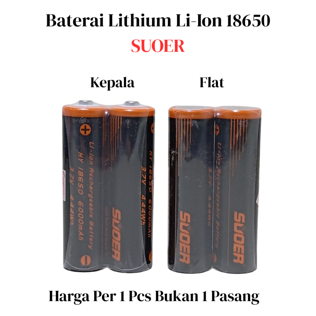 BATERAI LITHIUM LI-ION RECHARGEABLE BATTERY SUOER 6000MA 3.7V 18650 FLAT | KEPALA