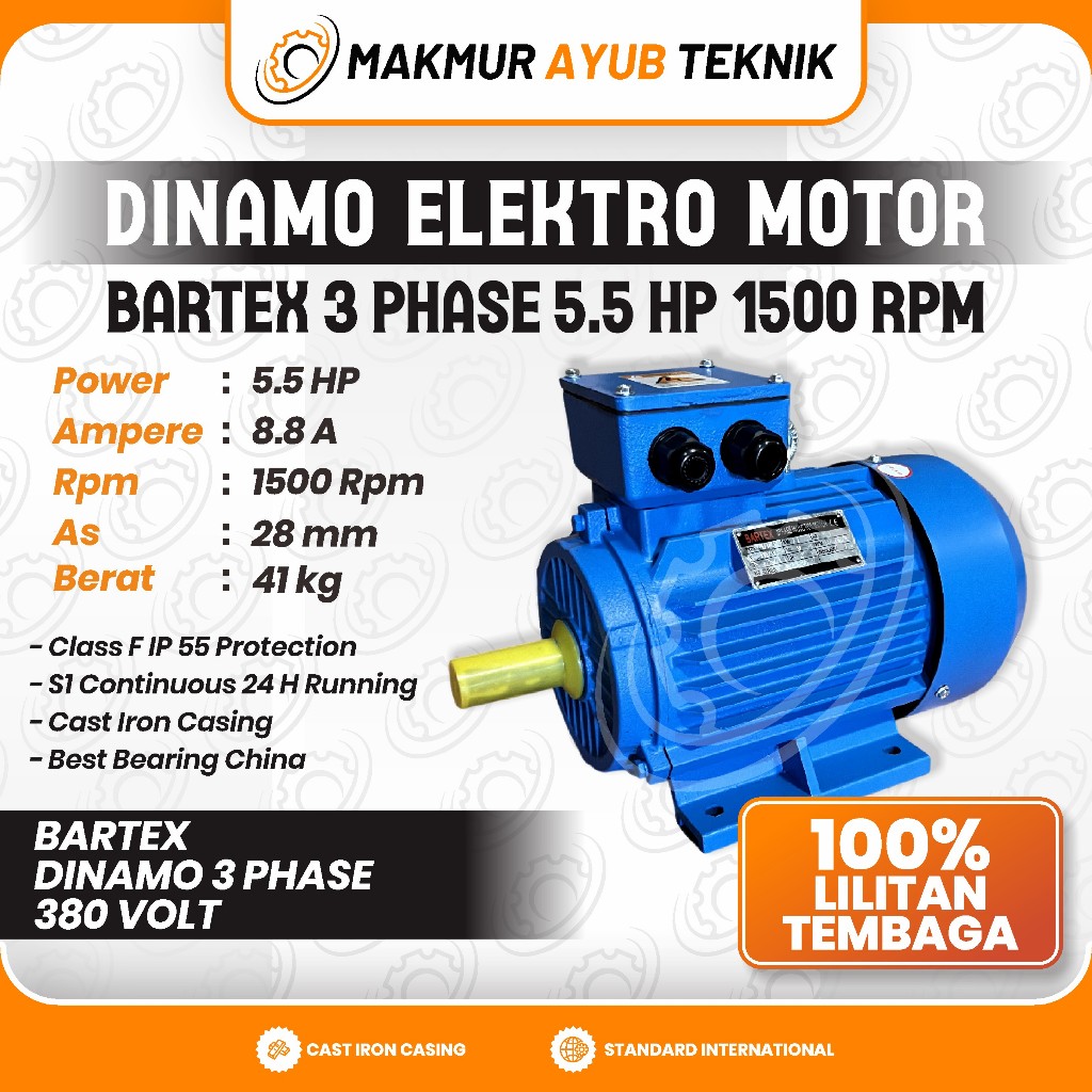 MAT | BARTEX Dinamo 3 Phase 380v 5.5 HP 4000 Watt 100% Lilitan Tembaga 3000 / 1500 / 1000 RPM Body C