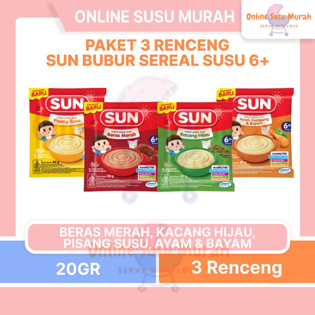 SUN PAKET 3 RENCENG BUBUR SEREAL BAYI MPASI 6 + 20GR 1 RENCENG 8 SACHET 20 GR 6+ PRLA