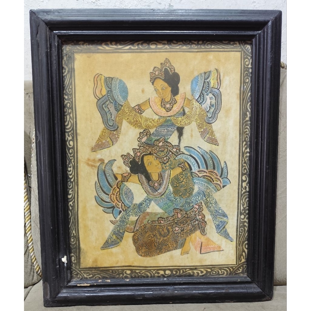 Lukisan Kuno thn60 Penari Bali dari kain tua buatan tangan langka minus kain sudah menguning tinggi: