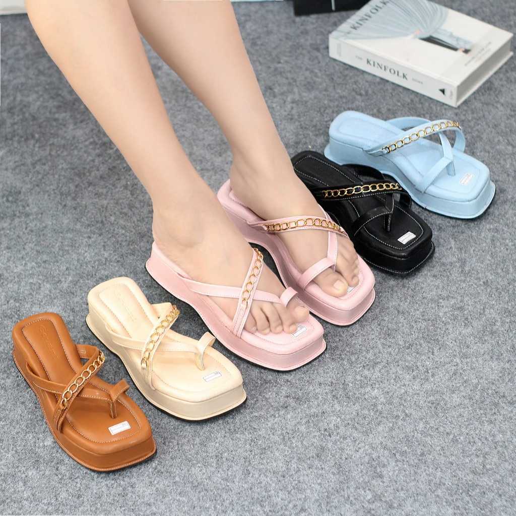 ANP FASHION STORE - Sendal Platform Wanita Sol Datar 5cm Model Kokop Jepit Kombinasi Tali Rantai Pij