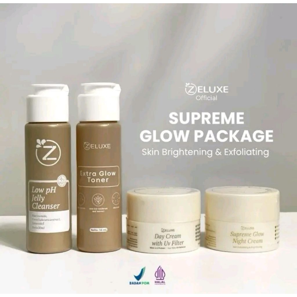 ZELUXE PAKET SUPREME GLOW BRIGHTENING PAKET WAJAH PENCERAH EKSFOLIASI MENYAMARKAN BEKAS JERAWAT