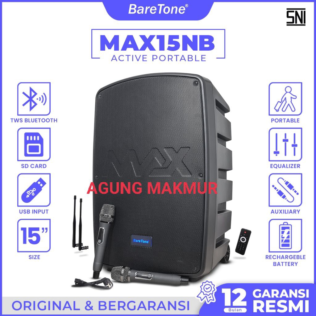 BARETONE AUDIO PORTABLE SPEAKER 15 INCH | MAX15NB - Speaker Portable Baretone max15nb Original 15 in
