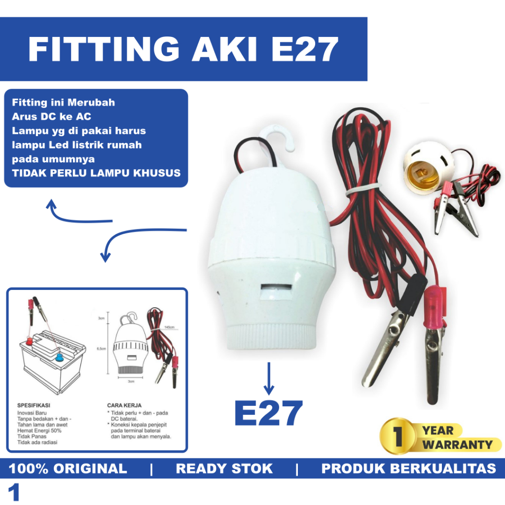 Fitting Lampu Aki AC/DC Inverter Fitting Jepit Aki E27 Fiting Gantung AC / DC Kabel Bohlam Converter