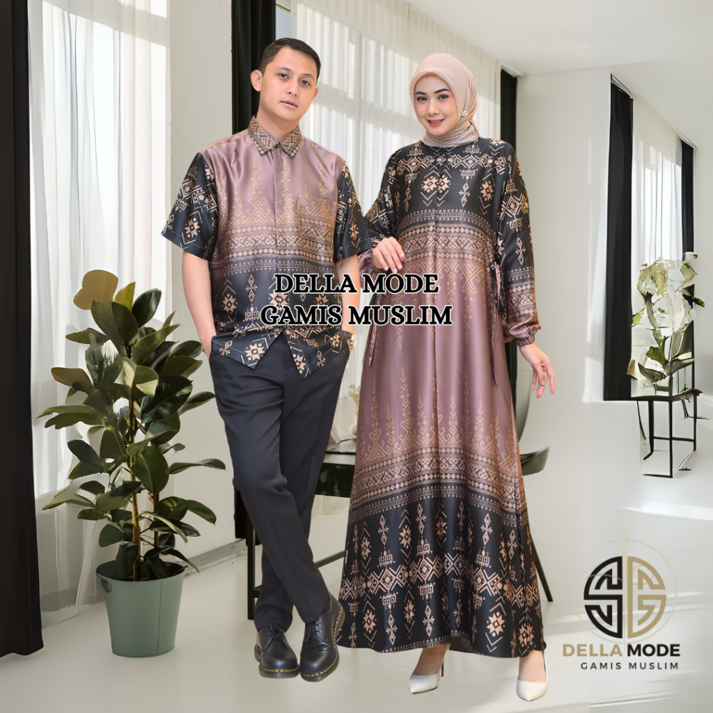 Baju Couple Pasangan Gamis Pesta Kondangan Keluarga Elegan Terbaru Bahan Silk Motif Mewah Busui COD