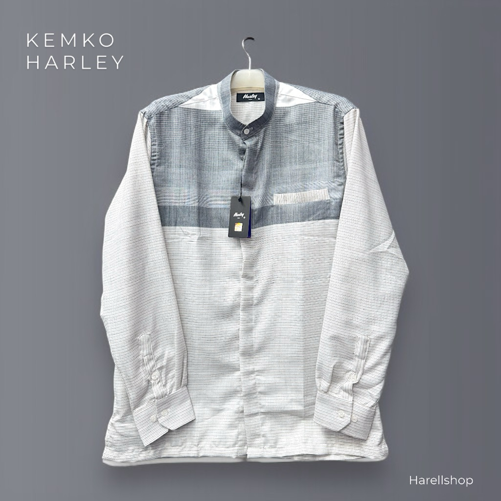 Kemko Harley Pria Lengan Panjang – Warna Putih Garis Abu Muda – Baju Koko Modern