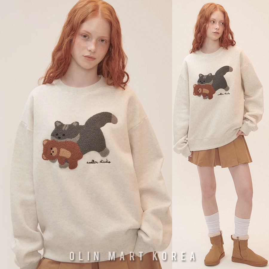 AMBLER Cat Biting Little Bear Sweatshirt #Oatmeal