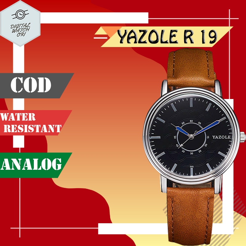 YAZOLE R 19 JAM TANGAN PRIA ANALOG ARLOJI PERIA ANTI AIR TALI KULIT COWOK CASUAL COWO ORIGINAL