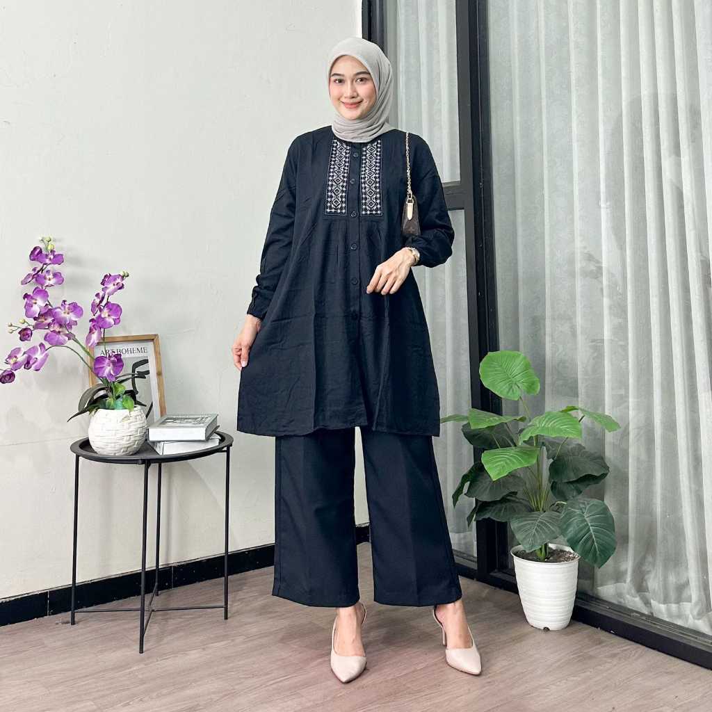 Fashion Muslim Atasan Wanita Tunik Bordir, Bahan Rayon Twill Muslim Panjang Wanita Basic