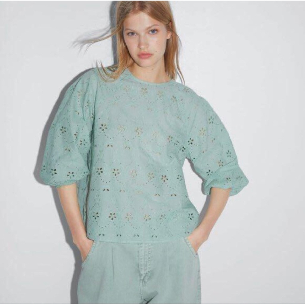 Zara Embroidered Blouse Sage