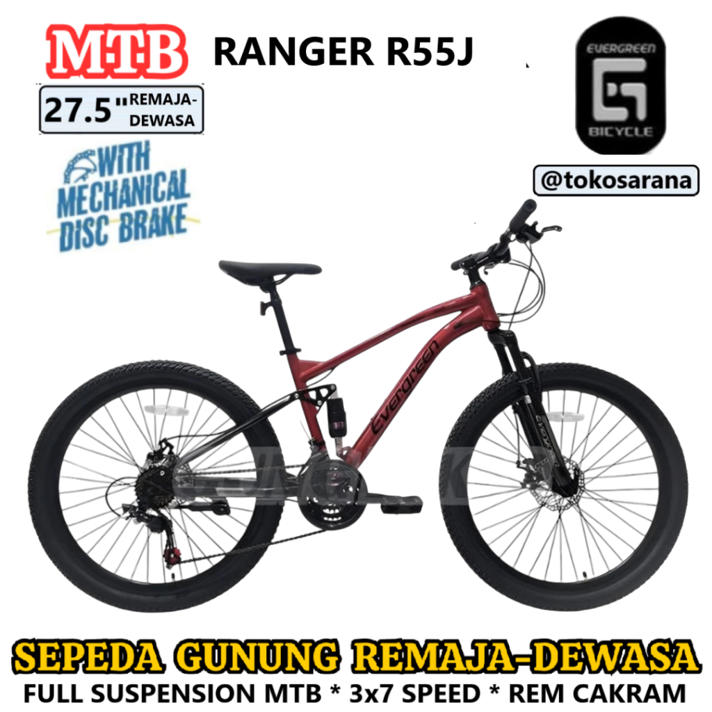 Sepeda Gunung Evergreen R55J R55B Ranger 27.5 Inci Full Suspension MTB Dewasa 21 Speed Rem Cakram