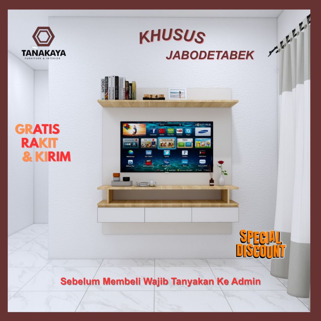 BACKDROP TV RAK DINDING MODERN - BACKDROP TV BEKASI - HPL TACO KAYU BLOCKBOARD
