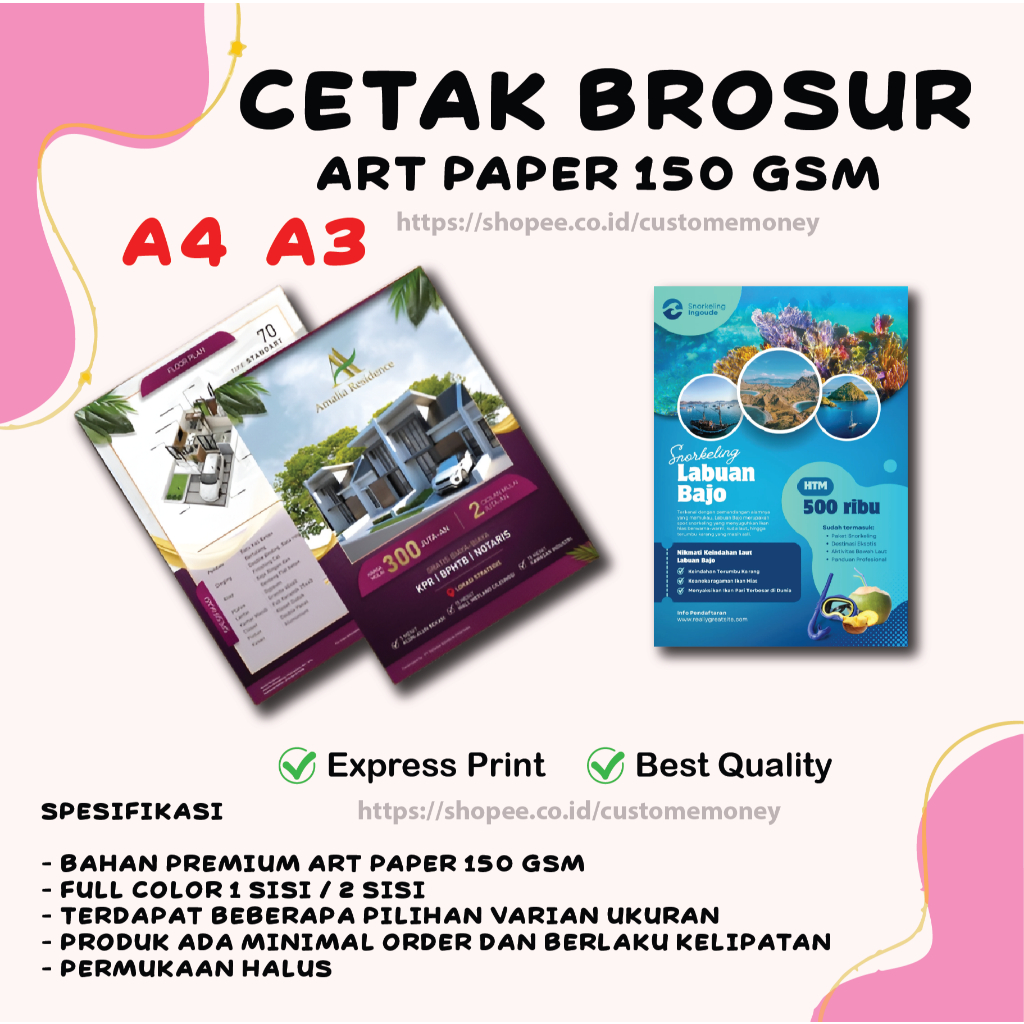 CETAK BROSUR A3 A4 FLYER LEAFLET ART PAPER 150 gsm 1SISI & 2 SISI Proses CEPAT Selebaran Premium RIM