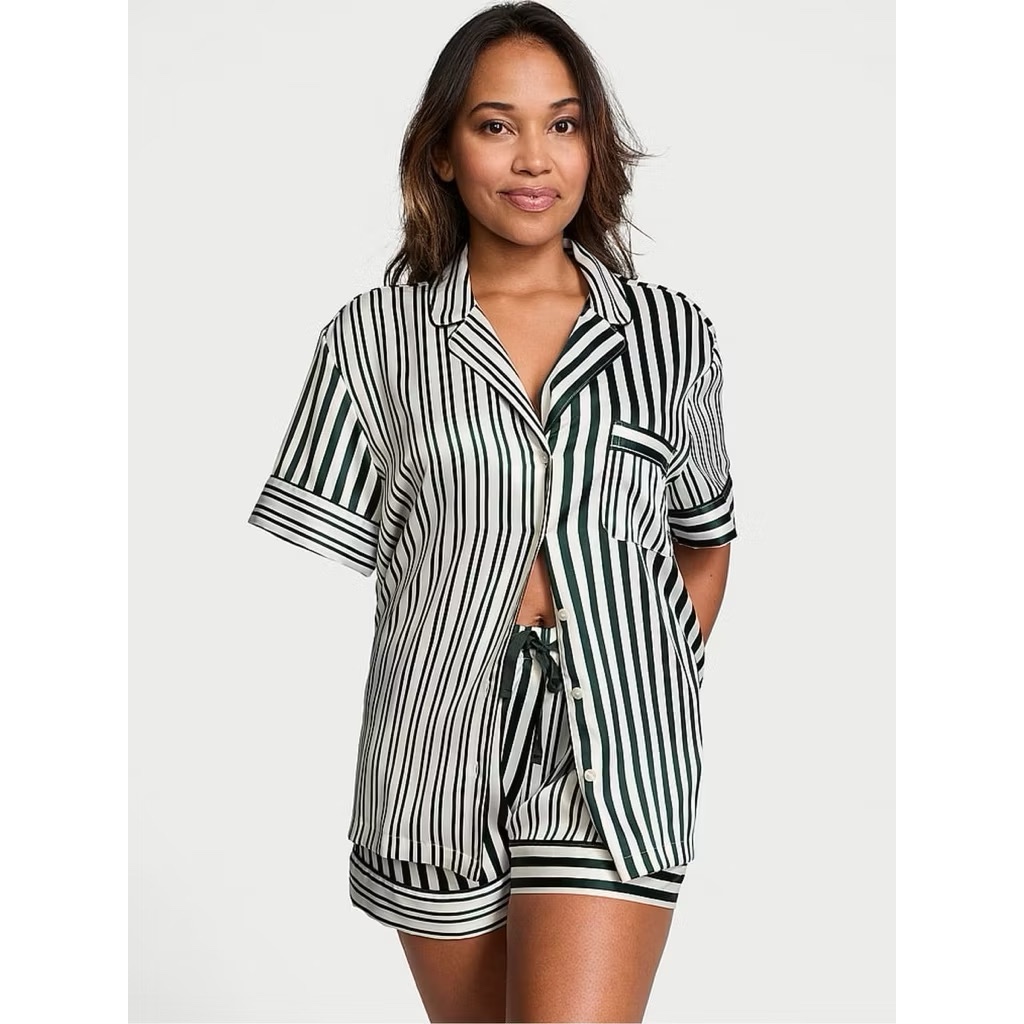 Diefti | V*VS Green Stripe short silk pajamas premium sleepwear | Baju Tidur Green Stripe pendek Pre