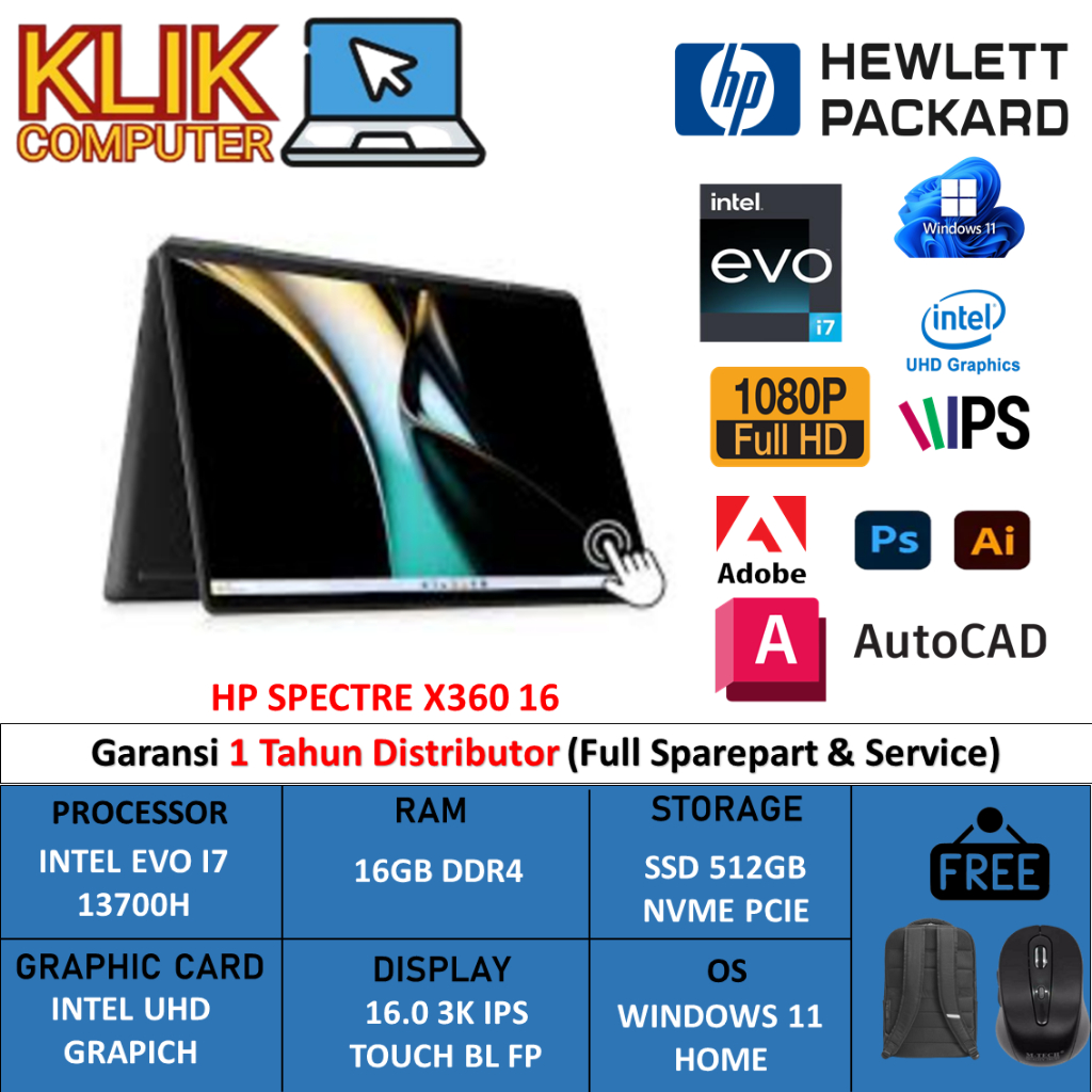 Laptop HP SPECTRE X360 Intel EVO i7 13700H Ram 16GB Ddr5 2TB Ssd 16" 3K IPS Win 11 HOME