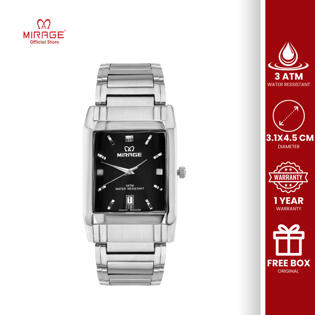 Mirage Jam Tangan Analog Anti Air Pria Petak Segi Silver Kasual Formal Stainless Original 7394 M