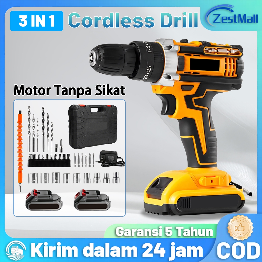Bor Impact Cordless 3 in 1 Baterai 998VF 35Nm dengan Set Aksesoris Lengkap